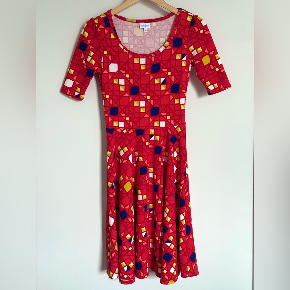 LulaRoe Nicole Dress Red Blue Yellow Geometric Print Size Small